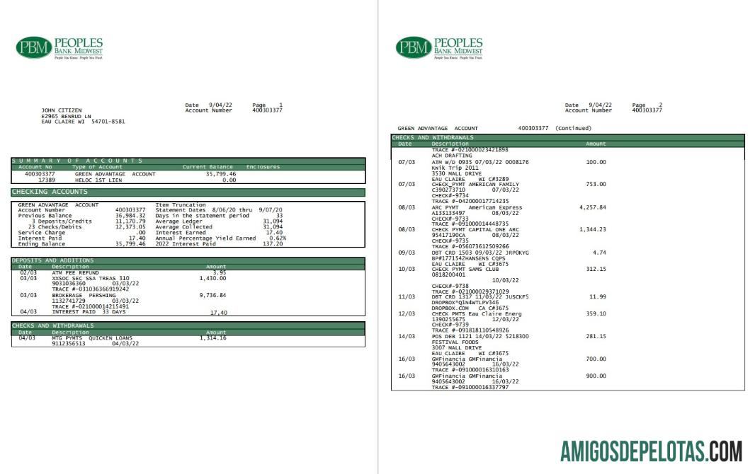 Extrato bancário do USA Peoples Bank Midwest (PBM) 5 páginas amostra